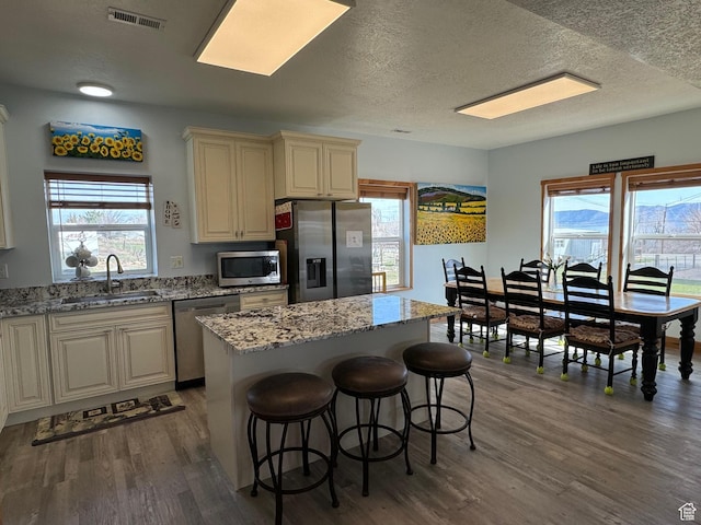 1595 S Bear Lake Blvd, Garden City, UT 84028 - kitchen with dark wood-style flooring, a sink, visible vents, appliances with stainless steel finishes, and a center island