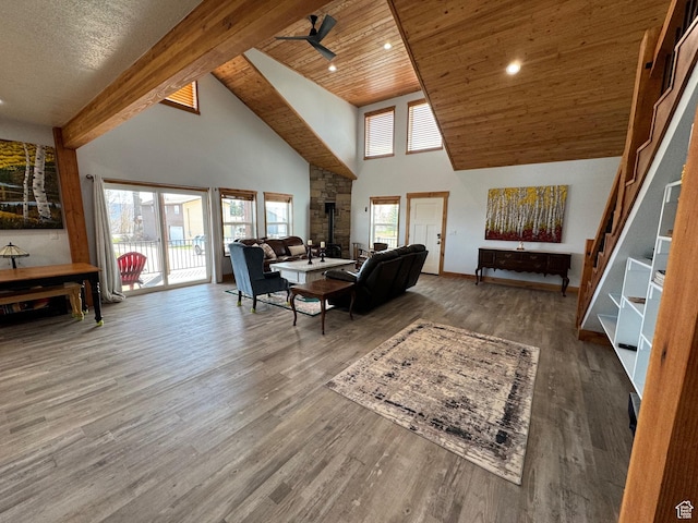 1595 S Bear Lake Blvd, Garden City, UT 84028 - living area featuring wood ceiling, high vaulted ceiling, wood finished floors, and a ceiling fan