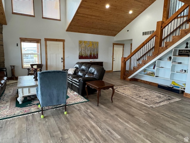 1595 S Bear Lake Blvd, Garden City, UT 84028 - living room featuring visible vents, wooden ceiling, stairway, wood finished floors, and high vaulted ceiling