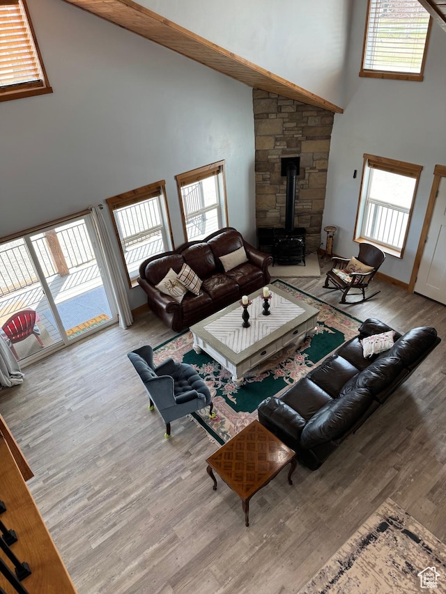 1595 S Bear Lake Blvd, Garden City, UT 84028 - living room featuring high vaulted ceiling, a wood stove, and light wood finished floors