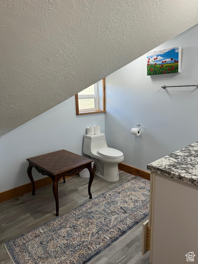 1595 S Bear Lake Blvd, Garden City, UT 84028 - bathroom with a textured ceiling, lofted ceiling, toilet, wood finished floors, and baseboards