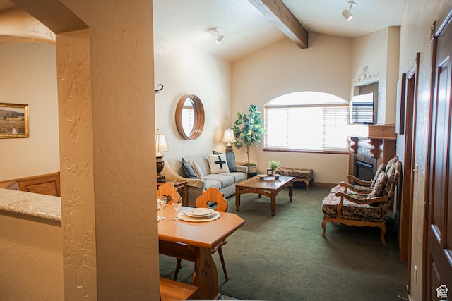 840 W Bigler Ln N Unit 3013, Midway, UT 84049 - living room featuring lofted ceiling with beams, a textured wall, and carpet