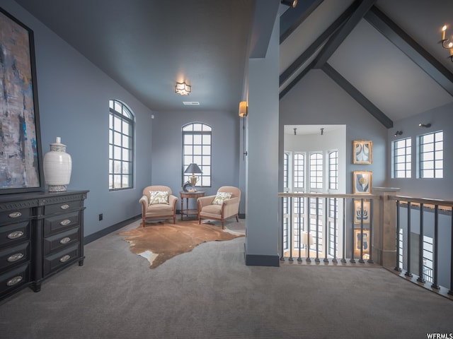 6153 E Last Monument Cir, Salt Lake City, UT 84108 - sitting room featuring beamed ceiling, baseboards, carpet, and high vaulted ceiling