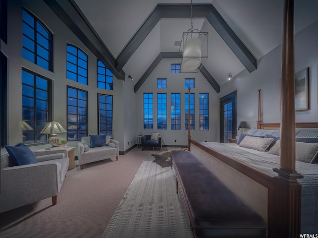 6153 E Last Monument Cir, Salt Lake City, UT 84108 - bedroom featuring baseboards, carpet, visible vents, beamed ceiling, and high vaulted ceiling