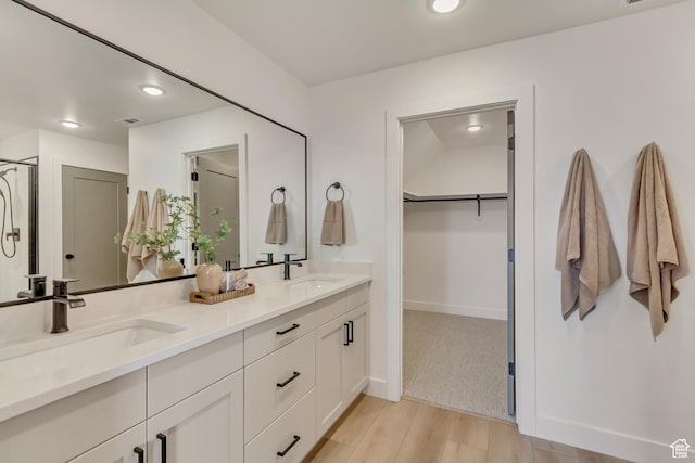 bathroom featuring a walk in closet, double vanity, wood finished floors, and a sink