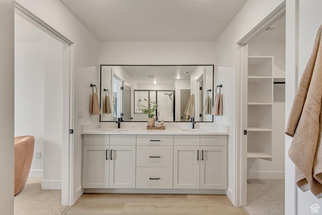 bathroom featuring a shower stall, a walk in closet, a sink, and double vanity