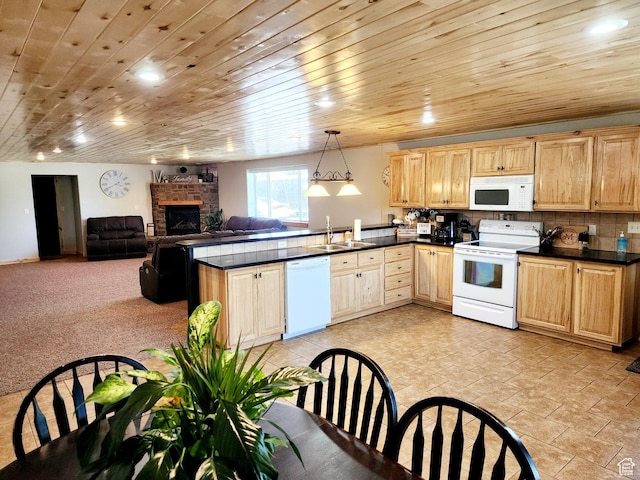 140 E 100 S, Centerfield, UT 84622 - kitchen featuring dark countertops, white appliances, open floor plan, and decorative light fixtures