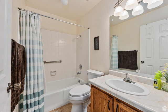 full bath featuring toilet, tile patterned flooring, shower / bath combination with curtain, and vanity