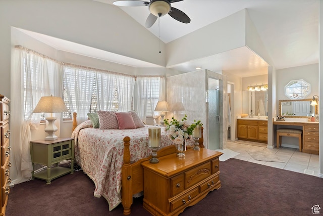 333 S Park St, Grantsville, UT 84029 - bedroom featuring connected bathroom, light carpet, vaulted ceiling, and light tile patterned flooring