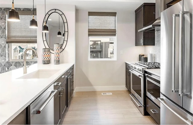6785 Silver Creek Dr N, Park City, UT 84098 - kitchen with high quality appliances, a sink, wall chimney range hood, baseboards, and backsplash