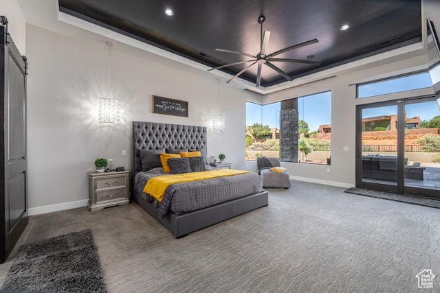 3052 N Snow Canyon Pkwy Unit 201, St George, UT 84770 - bedroom with a barn door, carpet flooring, baseboards, access to exterior, and a raised ceiling