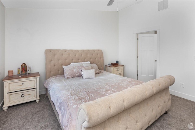 bedroom with visible vents, baseboards, a ceiling fan, and carpet flooring