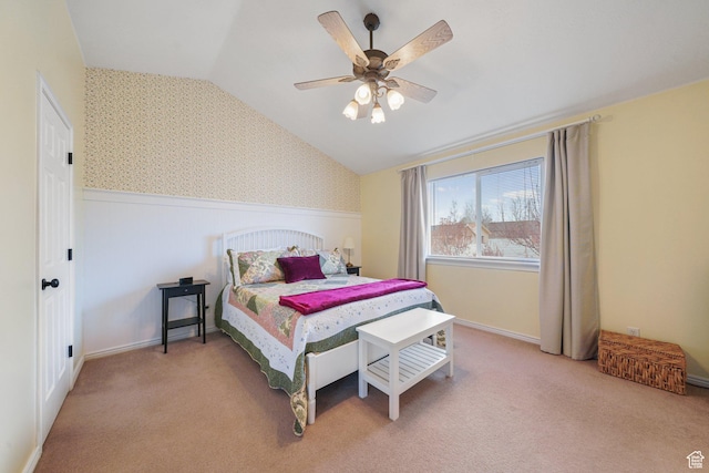 1320 W 1340 N, Pleasant Grove, UT 84062 - carpeted bedroom with lofted ceiling, a wainscoted wall, a ceiling fan, and wallpapered walls