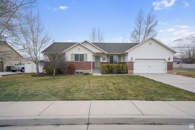 ranch-style house featuring driveway, brick siding, a front lawn, and an attached garage