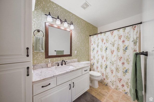 1320 W 1340 N, Pleasant Grove, UT 84062 - full bath with toilet, vanity, visible vents, tile patterned floors, and wallpapered walls