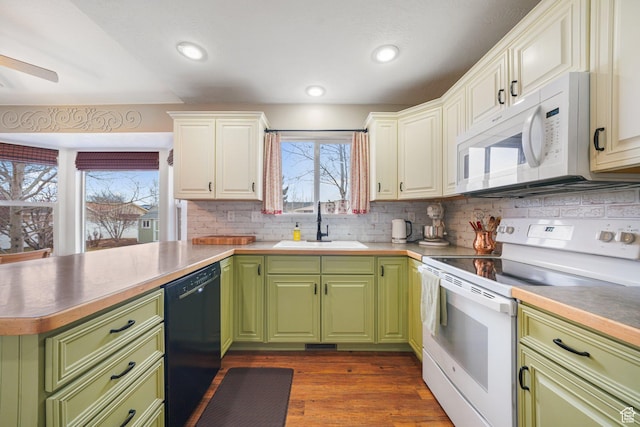 1320 W 1340 N, Pleasant Grove, UT 84062 - kitchen featuring white appliances, decorative backsplash, dark wood-style floors, white cabinetry, and a sink