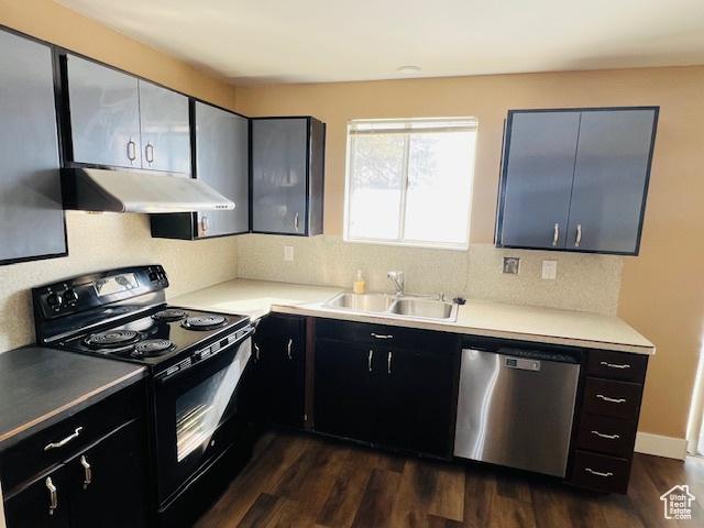 2299 W 5950 S, Roy, UT 84067 - kitchen featuring electric range, under cabinet range hood, dishwasher, a sink, and backsplash