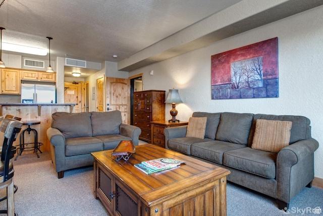 2653 W Canyons Resort Dr Unit 226, Park City, UT 84098 - living room with light carpet, a textured wall, a textured ceiling, and visible vents