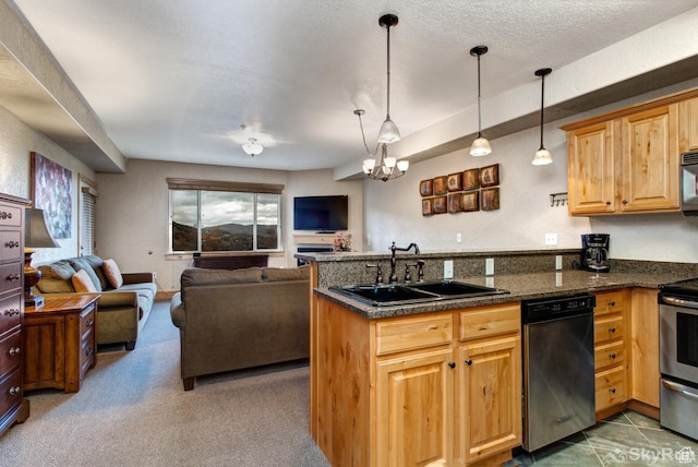 2653 W Canyons Resort Dr Unit 226, Park City, UT 84098 - kitchen featuring a peninsula, a sink, open floor plan, electric stove, and carpet