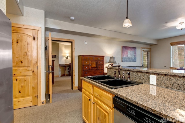 2653 W Canyons Resort Dr Unit 226, Park City, UT 84098 - kitchen featuring a textured ceiling, light colored carpet, a sink, baseboards, and appliances with stainless steel finishes