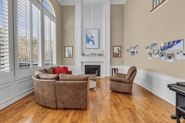 living room with a fireplace, light wood-type flooring, a decorative wall, and wainscoting