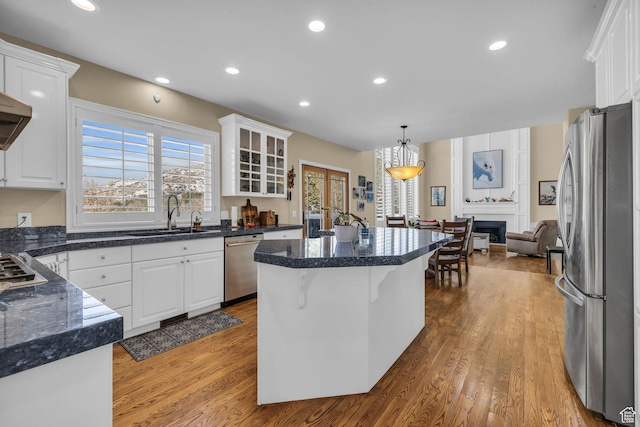 kitchen with white cabinets, wood finished floors, a wealth of natural light, a fireplace, and appliances with stainless steel finishes