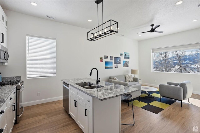 3543 N Creekside Way E Unit 63, Eden, UT 84310 - kitchen with appliances with stainless steel finishes, a kitchen island with sink, white cabinetry, and a sink