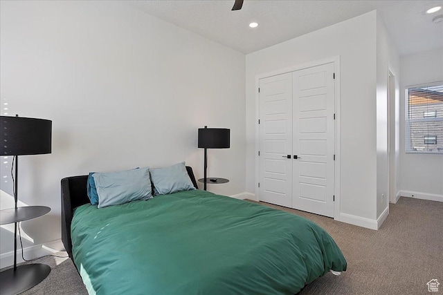 3543 N Creekside Way E Unit 63, Eden, UT 84310 - bedroom with baseboards, a ceiling fan, carpet flooring, a closet, and recessed lighting