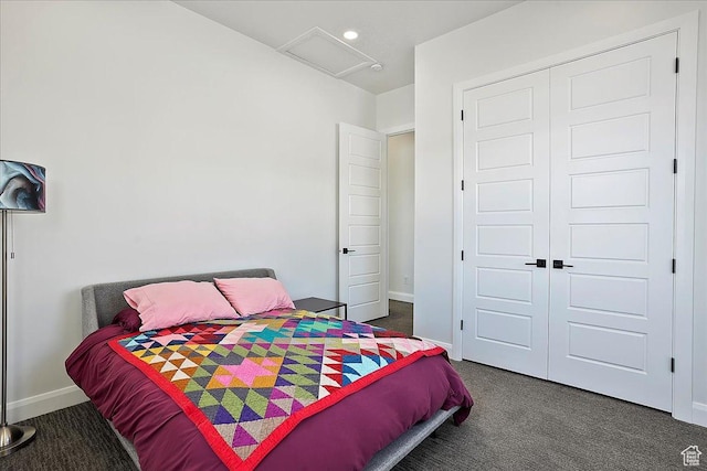 3543 N Creekside Way E Unit 63, Eden, UT 84310 - bedroom featuring recessed lighting, a closet, dark carpet, attic access, and baseboards