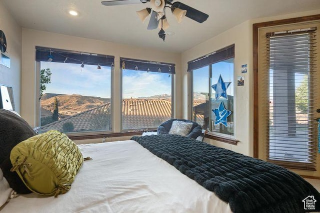 bedroom featuring access to outside, ceiling fan, and recessed lighting