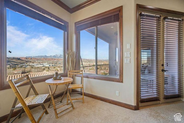 interior space featuring baseboards, ornamental molding, and carpet flooring