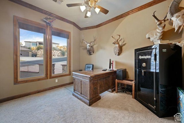 office with light carpet, baseboards, and crown molding