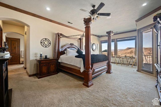 bedroom with access to exterior, arched walkways, light carpet, and a mountain view