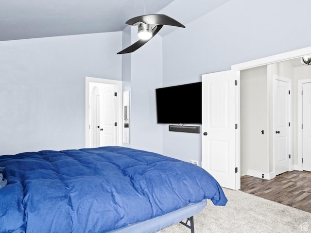 4863 N Shady Hollow Ln W, Lehi, UT 84043 - bedroom featuring ceiling fan, carpet flooring, wood finished floors, and lofted ceiling