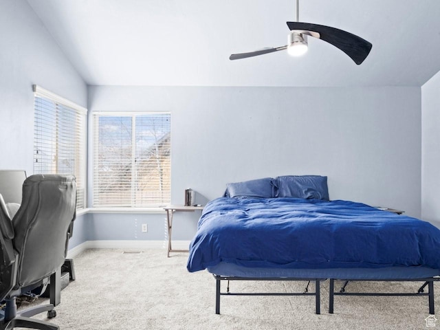 4863 N Shady Hollow Ln W, Lehi, UT 84043 - carpeted bedroom featuring baseboards, ceiling fan, and lofted ceiling
