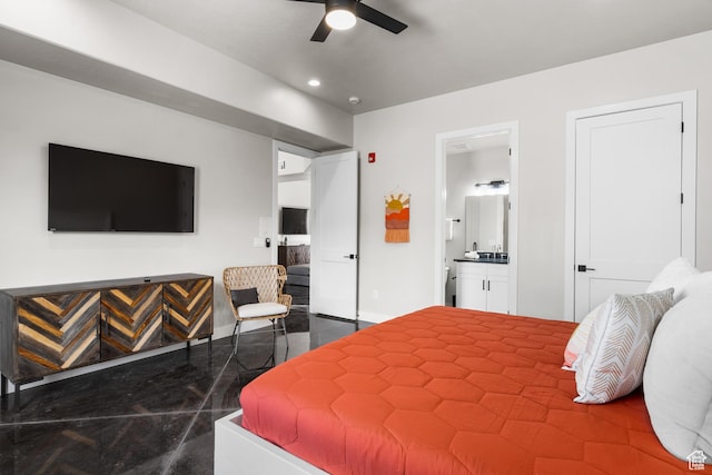 bedroom with baseboards, a ceiling fan, ensuite bath, granite finish floor, and recessed lighting