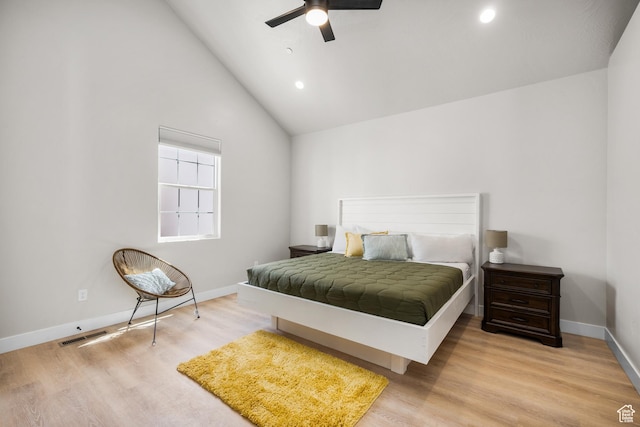 bedroom featuring light wood-style floors, ceiling fan, baseboards, and recessed lighting