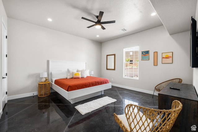bedroom featuring baseboards, visible vents, concrete flooring, and recessed lighting