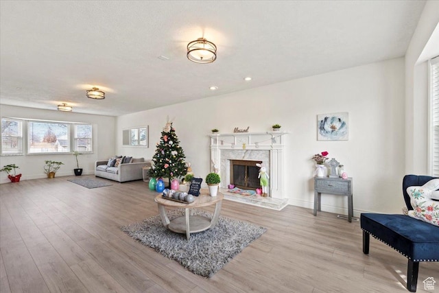 living area with wood finished floors, baseboards, a fireplace, and recessed lighting