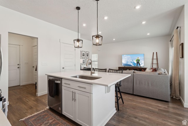 4473 E Hurstbourne Dr, Eagle Mountain, UT 84005 - kitchen featuring pendant lighting, stainless steel dishwasher, open floor plan, a sink, and an island with sink