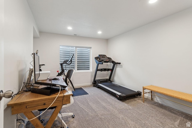4473 E Hurstbourne Dr, Eagle Mountain, UT 84005 - workout room with baseboards, carpet, visible vents, and recessed lighting