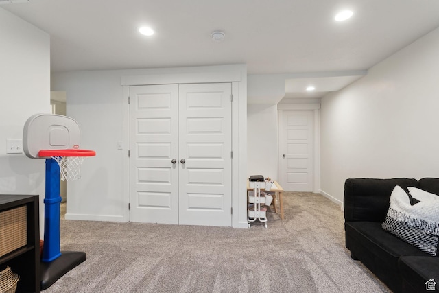 4473 E Hurstbourne Dr, Eagle Mountain, UT 84005 - recreation room with recessed lighting, baseboards, and light colored carpet