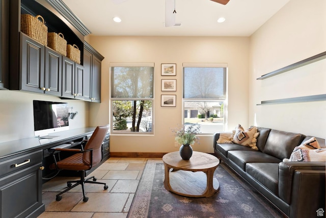 802 Leda Ln, Santa Clara, UT 84765 - office space with recessed lighting, built in study area, stone tile flooring, and baseboards