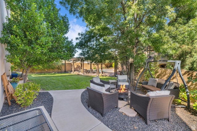 802 Leda Ln, Santa Clara, UT 84765 - view of patio with a fenced backyard, a pergola, and an outdoor living space with a fire pit