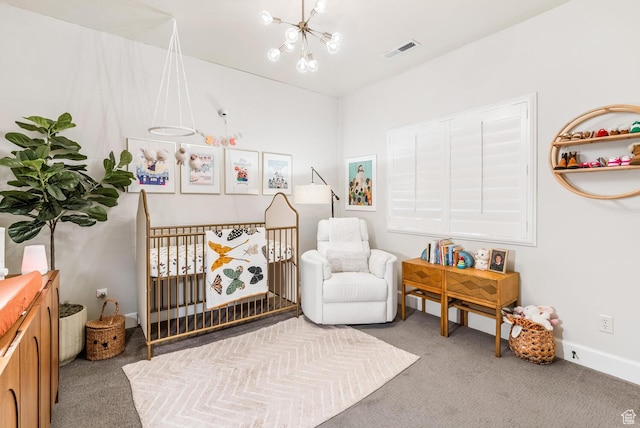 802 Leda Ln, Santa Clara, UT 84765 - carpeted bedroom featuring baseboards, a crib, visible vents, and a notable chandelier