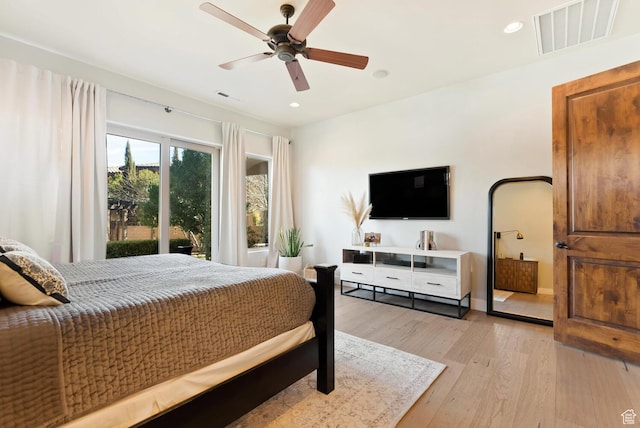 802 Leda Ln, Santa Clara, UT 84765 - bedroom with recessed lighting, visible vents, ceiling fan, and light wood-style flooring