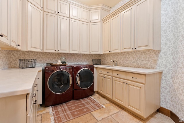 802 Leda Ln, Santa Clara, UT 84765 - washroom with washing machine and dryer, cabinet space, a sink, and wallpapered walls