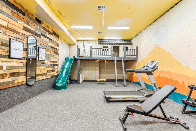 802 Leda Ln, Santa Clara, UT 84765 - exercise room with wood walls, carpet, and visible vents