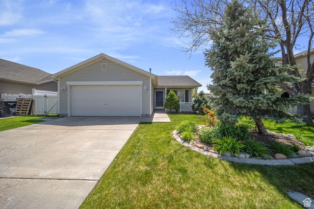 ranch-style home with fence, a garage, a front yard, a gate, and driveway