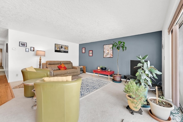living area with carpet and a textured ceiling
